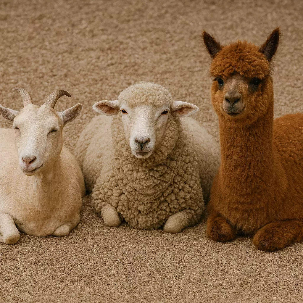 Goat, sheep and alpaca resting on flax bedding