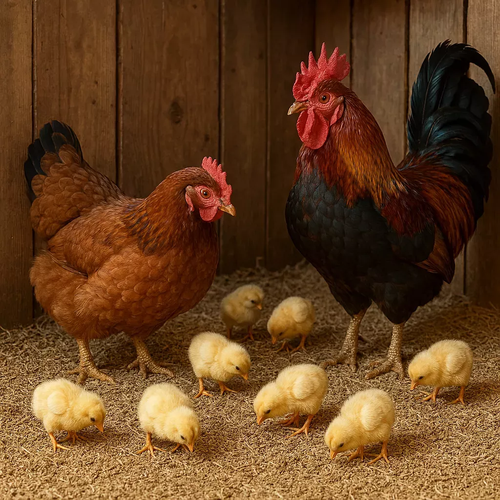 Hen, rooster and chicks on flax bedding inside a poultry barn